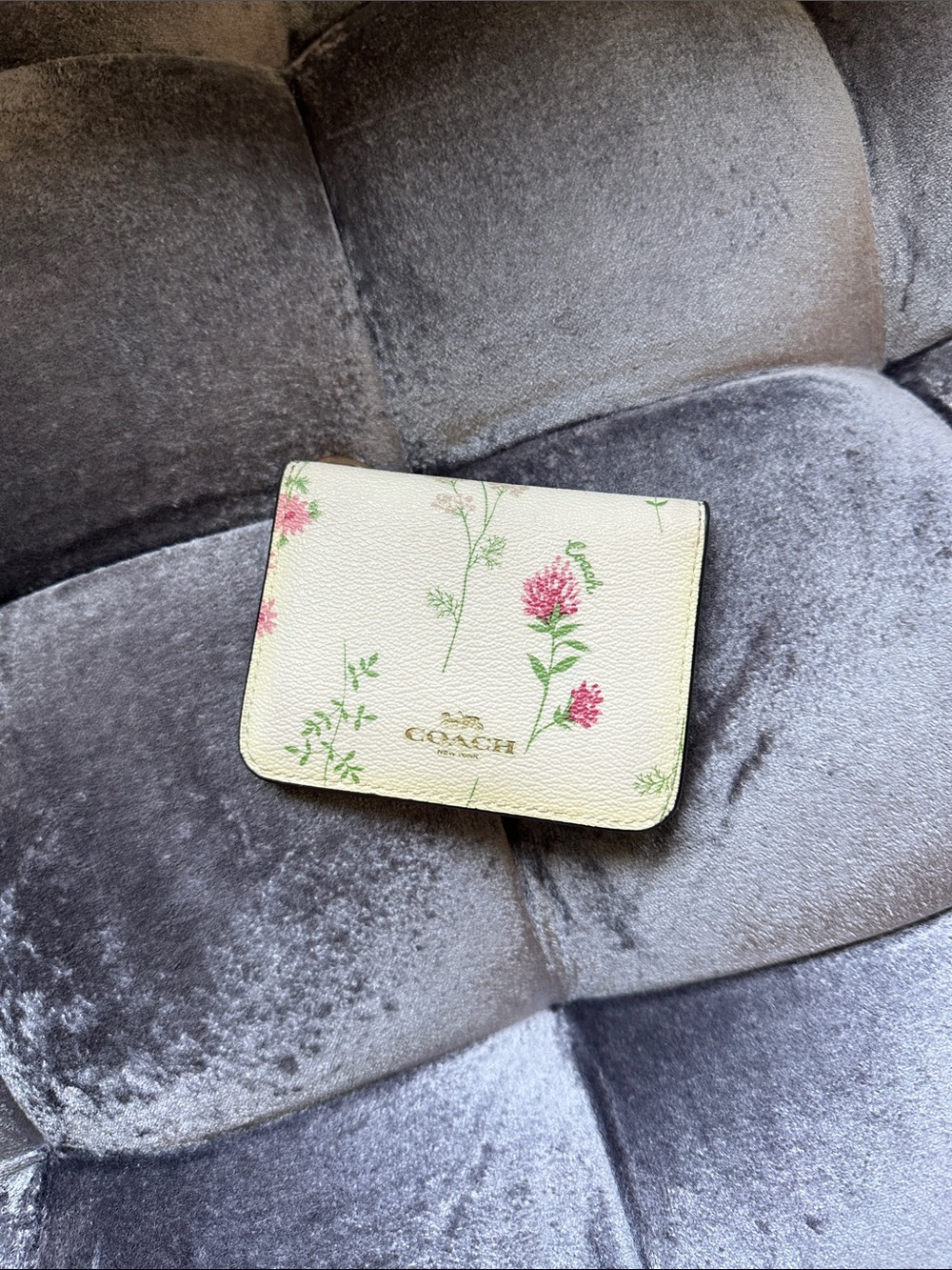 COACH Cream Floral Leather Card Holder with Pink Blooms
